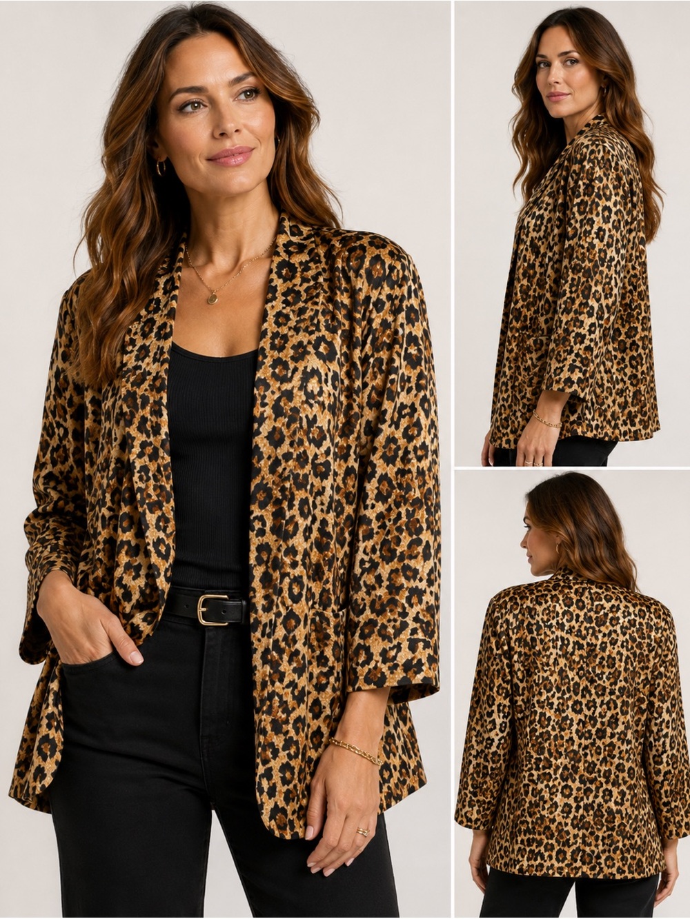 Bloomingdale’s 100% Silk Leopard Print Open Front Blazer Jacket Women’s Size 8